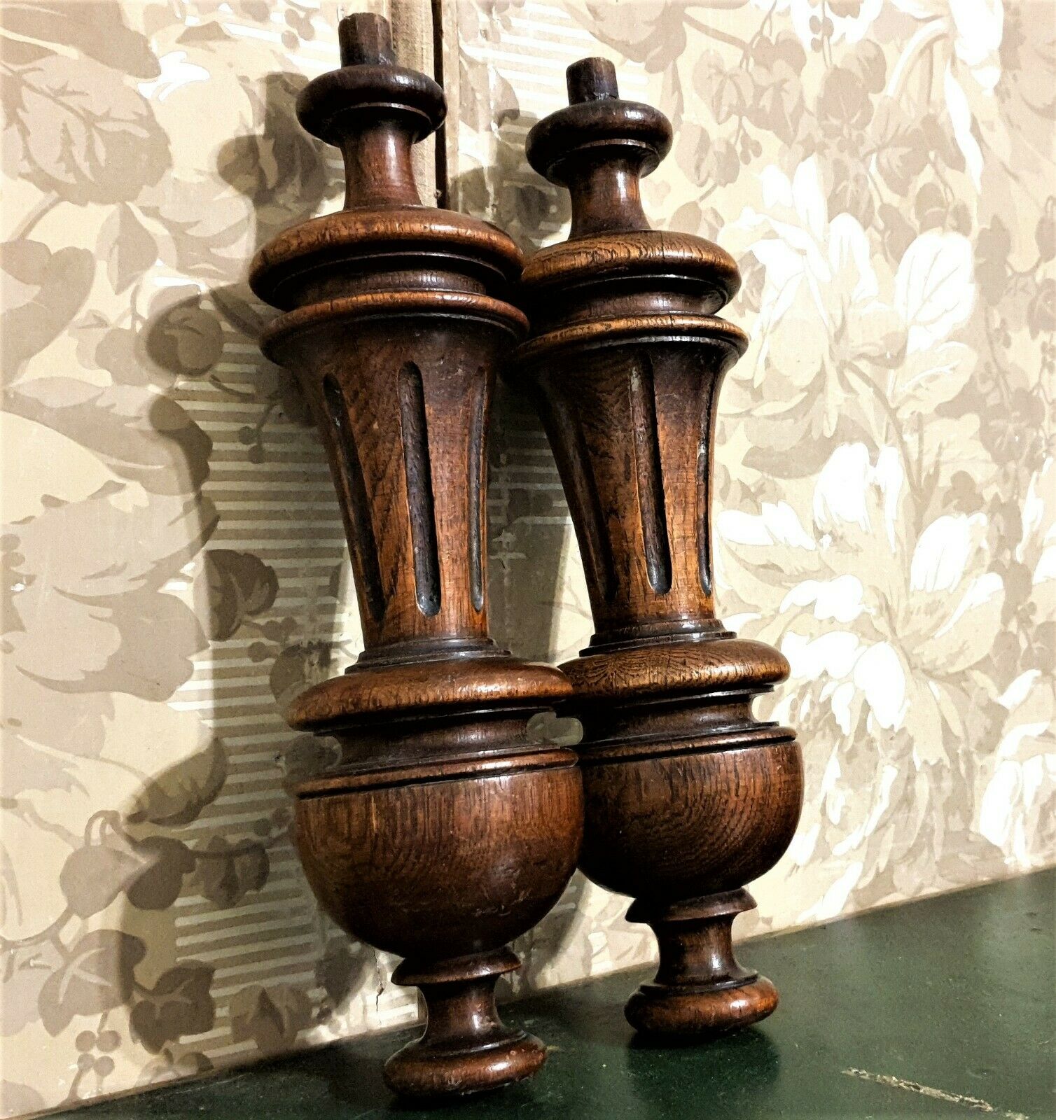Pair Baluster Groove Wood Turned Column Antique French Architectural Salvage